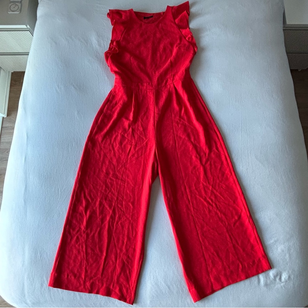 Vibrant Red Jumpsuit Romper with Ruffle Sleeve